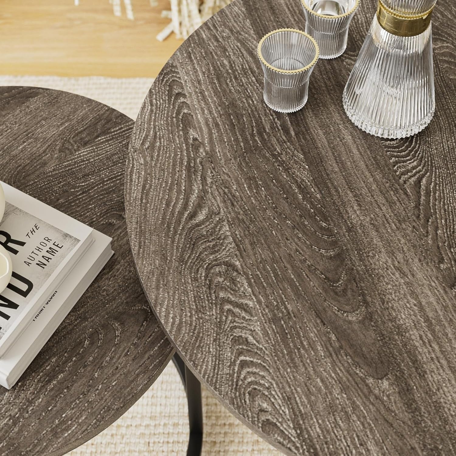 Round Nesting Coffee Tables Set of 2 – Grey Top Black Frame, Space-Saving