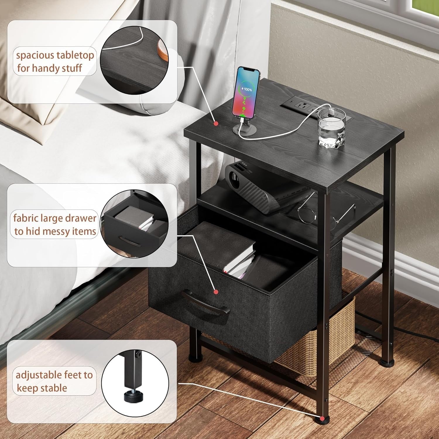 Modern Black LED Bedside Table with Drawer, USB Charging Ports & Shelf