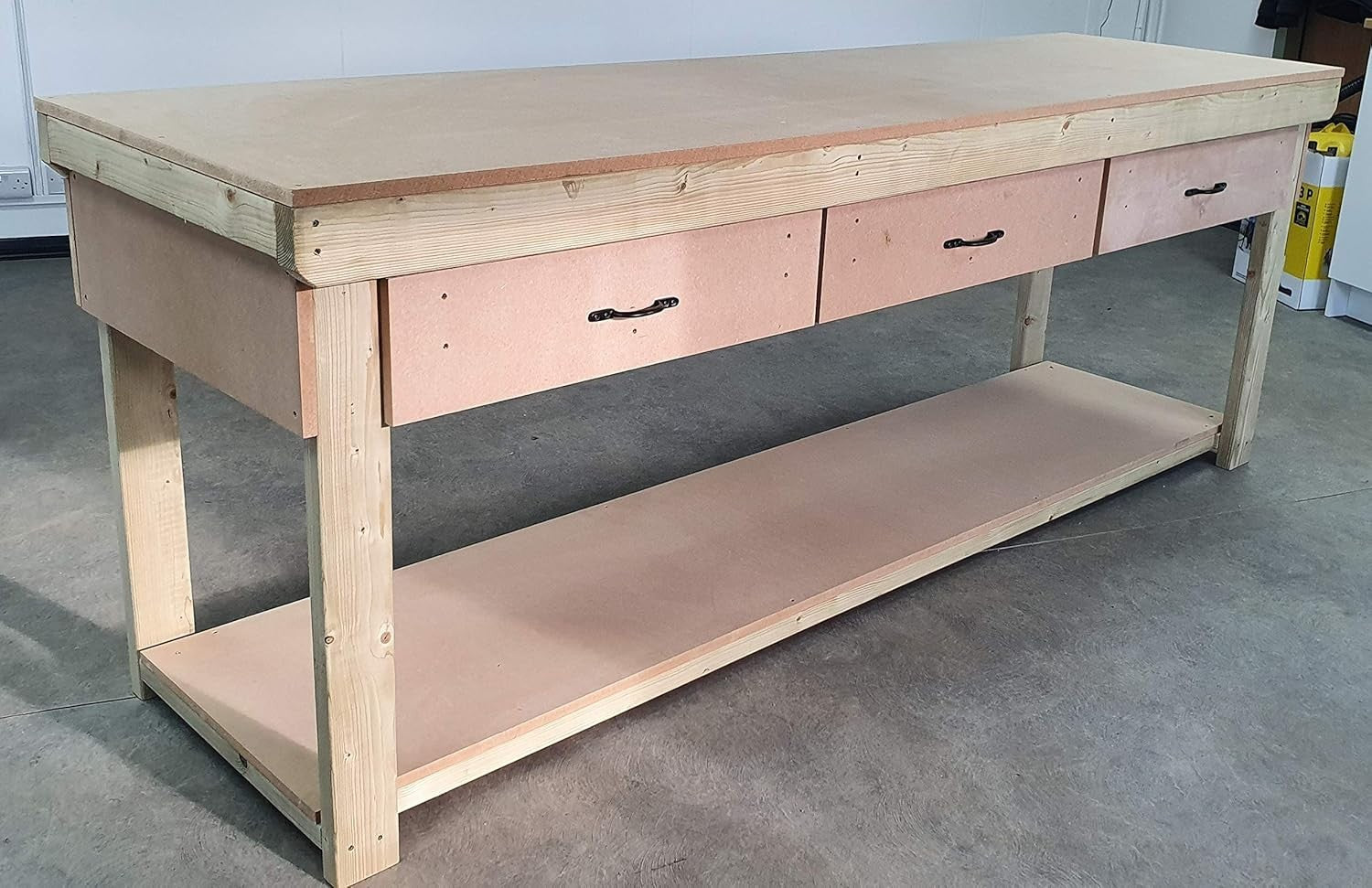 Heavy Duty Wooden Workbench 7ft 18mm MDF Top 3 Drawers Garage Industrial