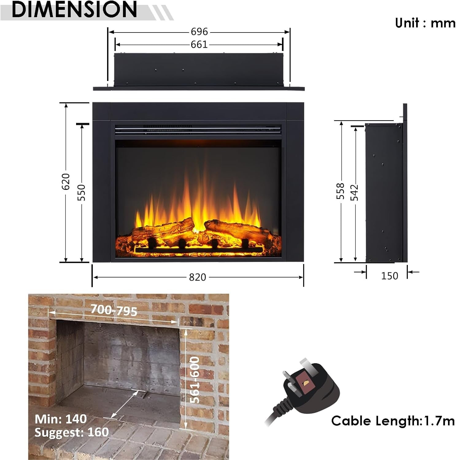 Electric Fireplace Insert 82cm Tall Built-In LED Flame Heater Remote Control