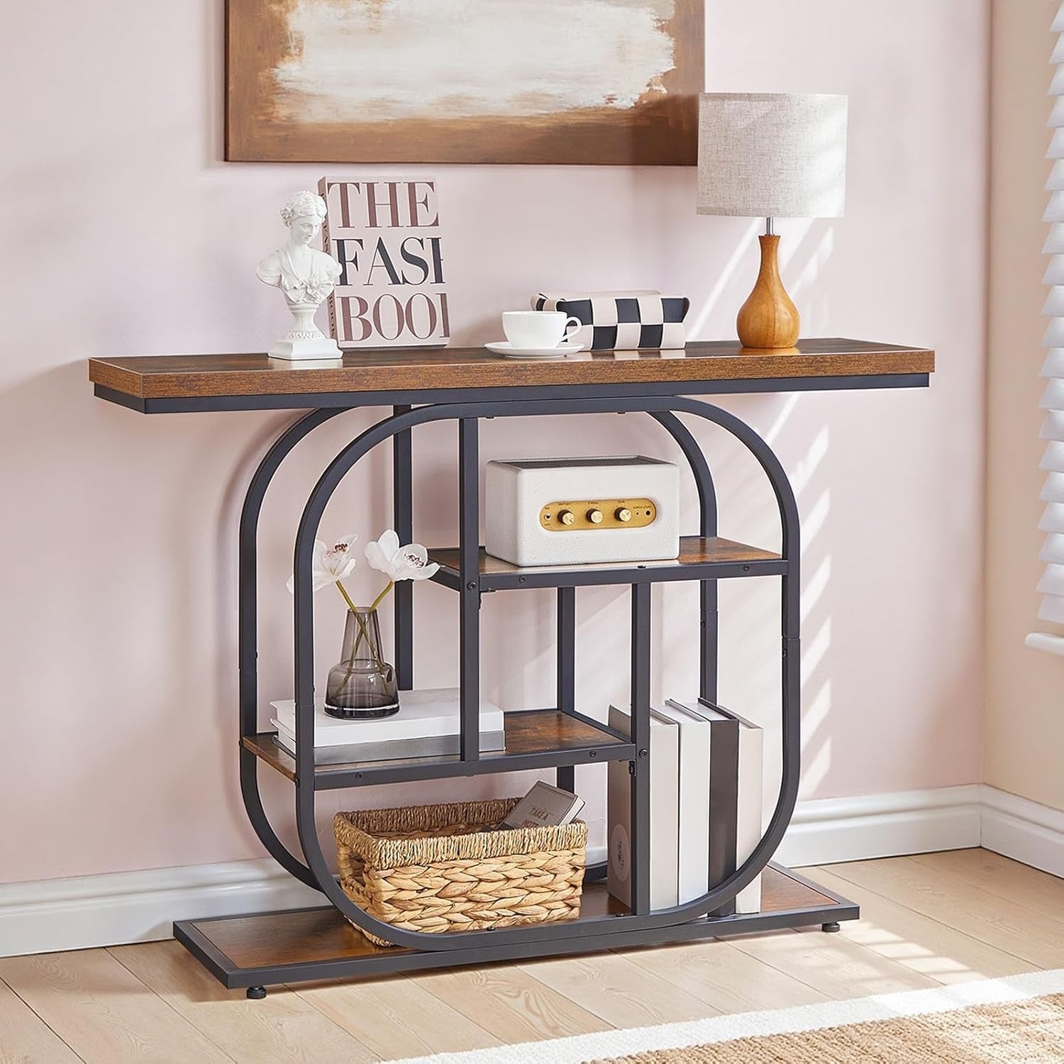 4-Tier Industrial Console Table 110x30x80 cm, Storage, Rustic Brown
