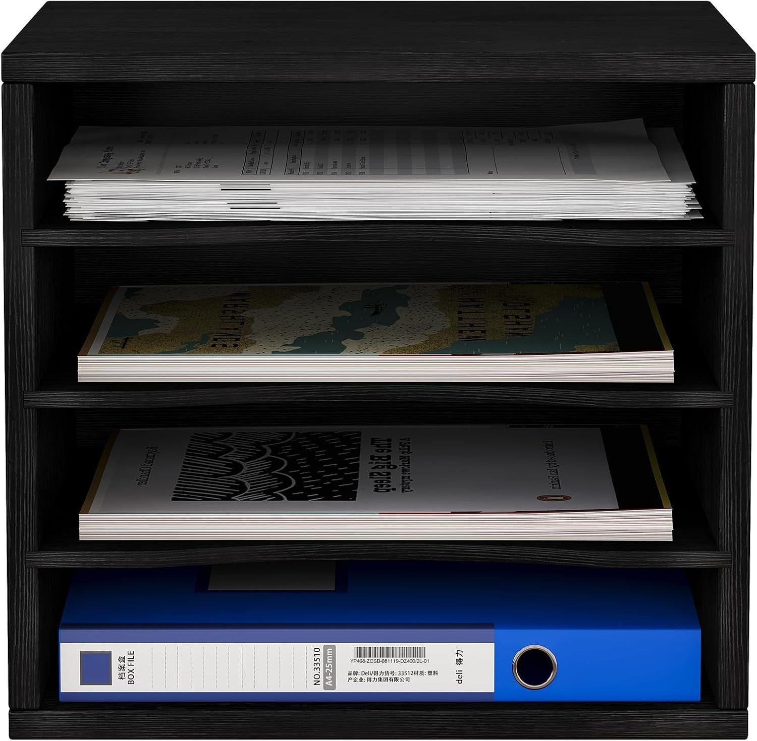4 Tier A4 Desk File Organizer Wooden Paper Tray Magazine Rack Black