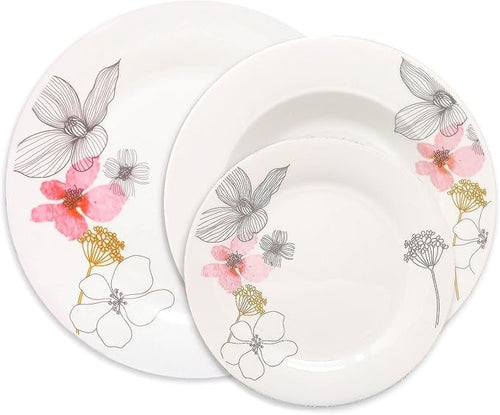 12pc White Ceramic Dinnerware Set Plates Bowls Service for 4 Floral