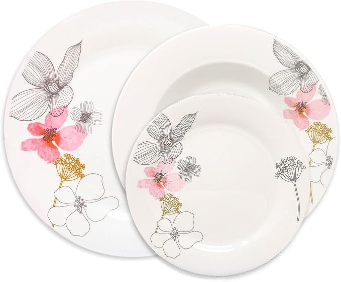 12pc White Ceramic Dinnerware Set Plates Bowls Service for 4 Floral