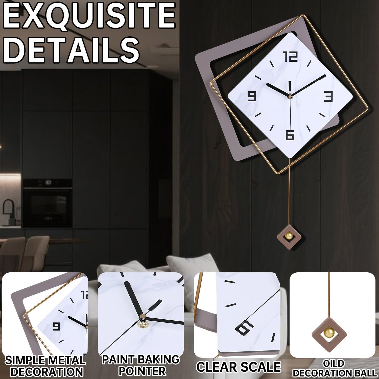 Modern Silent Wall Clock with Pendulum Large Quartz Battery Operated Decor