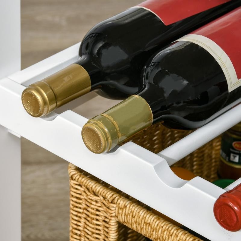 White Kitchen Trolley with Marble Top, Shelves & Wine Rack on Wheels