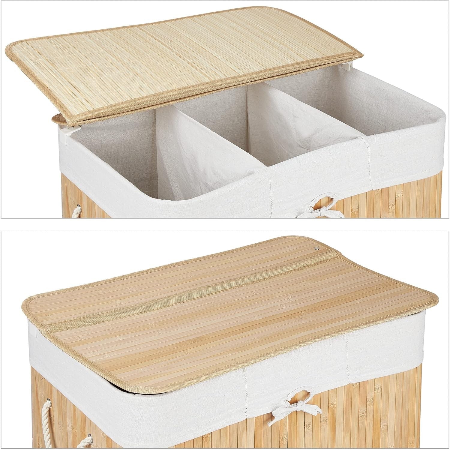 Natural Bamboo Laundry Basket 3-Compartment Sorter with Lid | Folding 62cm Hampe