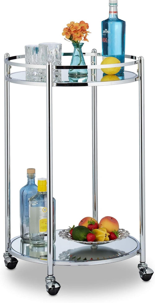 Round Serving Trolley Bar Cart Mirrored Glass Steel Rolling Drinks Cart
