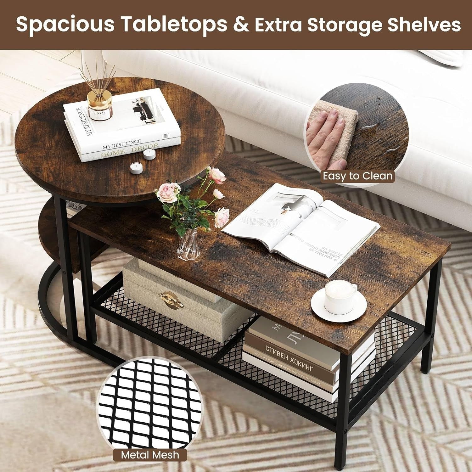 2-in-1 Coffee Table Set Large Round Side Table Rustic Industrial Metal Wood
