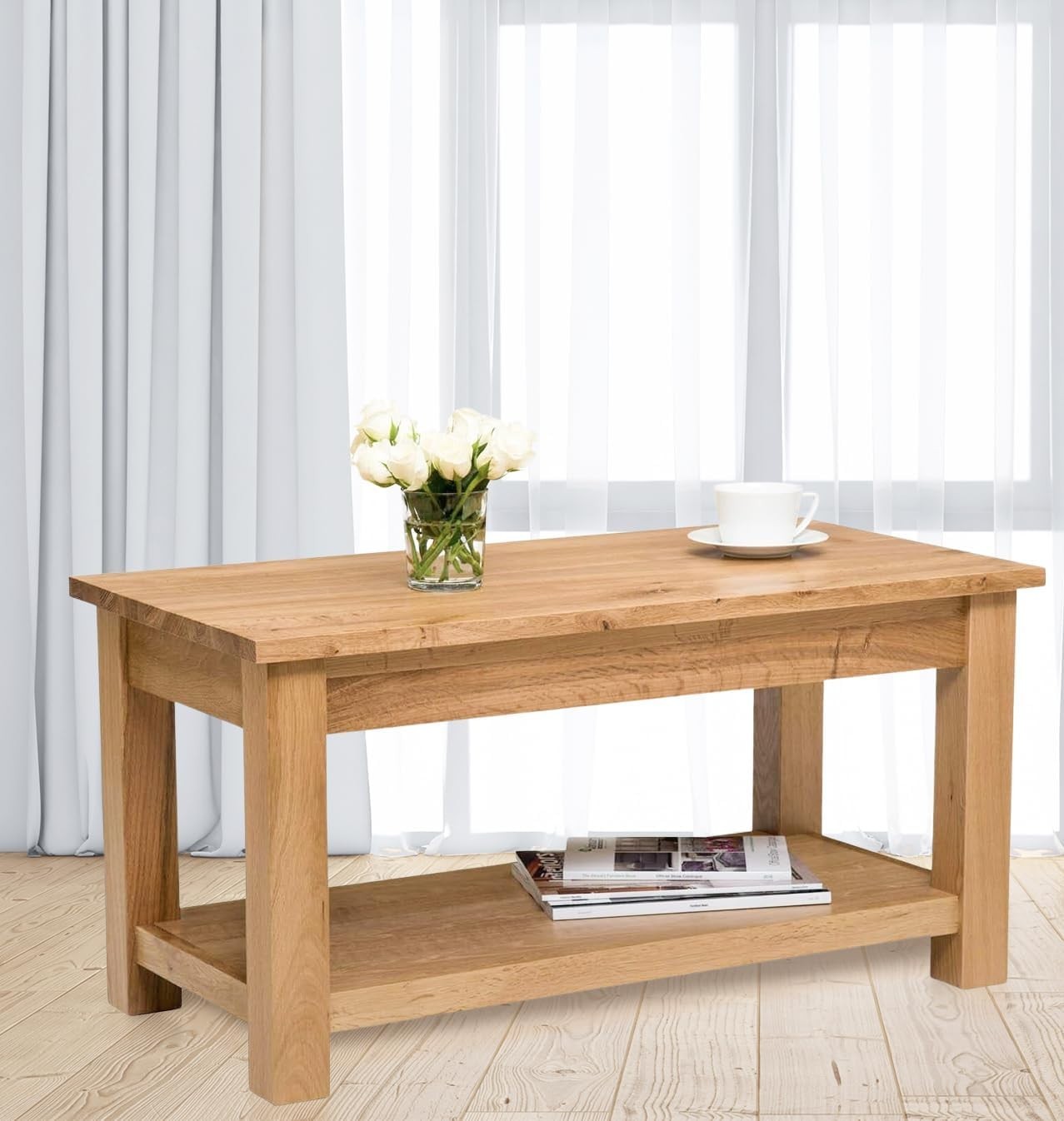 Large Solid Oak Coffee Table with Storage Shelf 90x45x45cm Durable Design