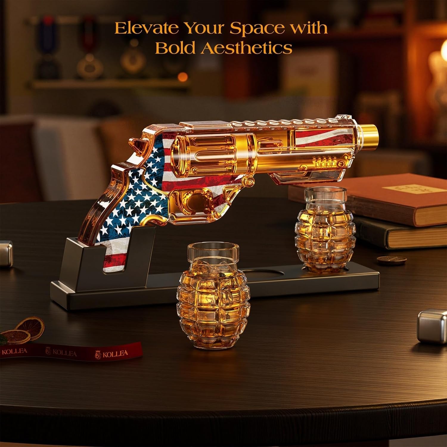 Gun Whiskey Decanter Flag Edition with Grenade Shot Glasses & Stand 380ml Gift S