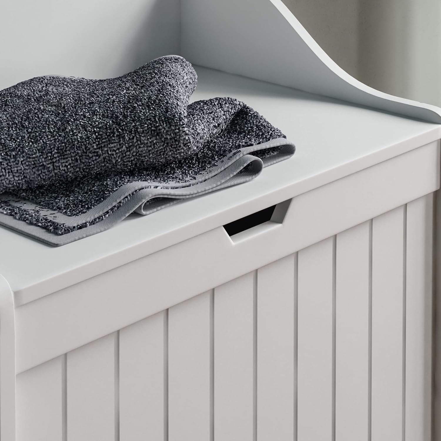 Bathroom Laundry Cabinet Storage Chest with Wooden Basket White MDF