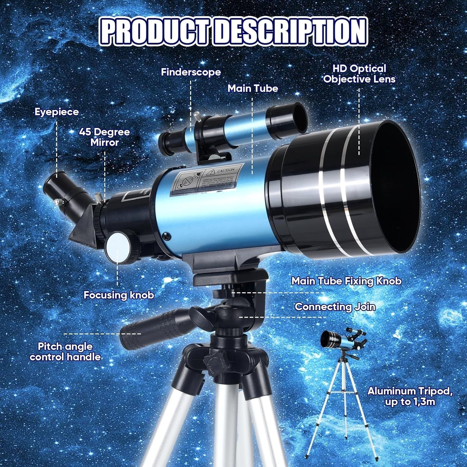 70mm Astronomy Refractor Telescope for Kids & Adults with Tripod - Blue