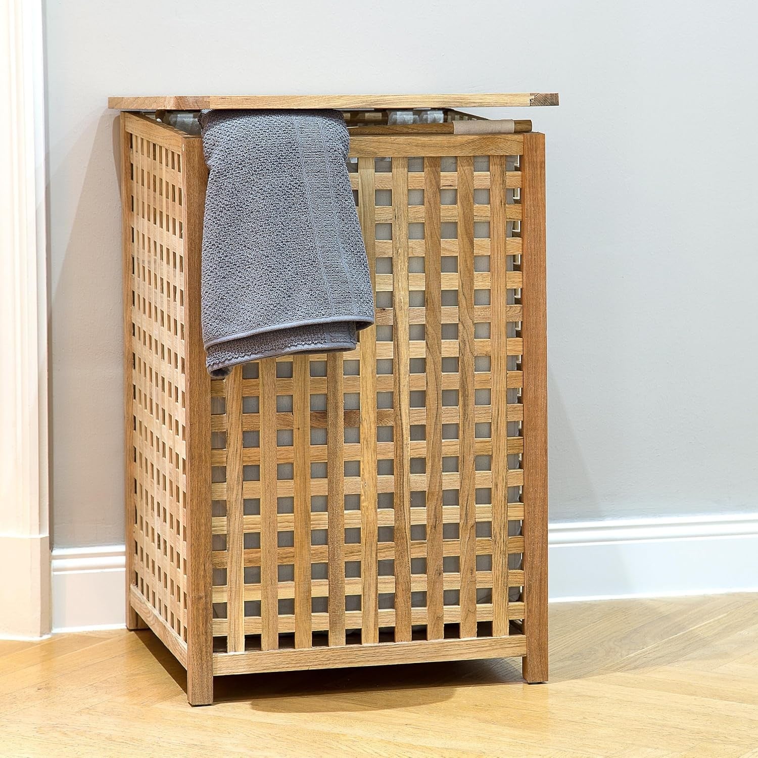 Walnut Wood Laundry Hamper with Lid & Linen Sack | 75L Woven Laundry Basket Natu