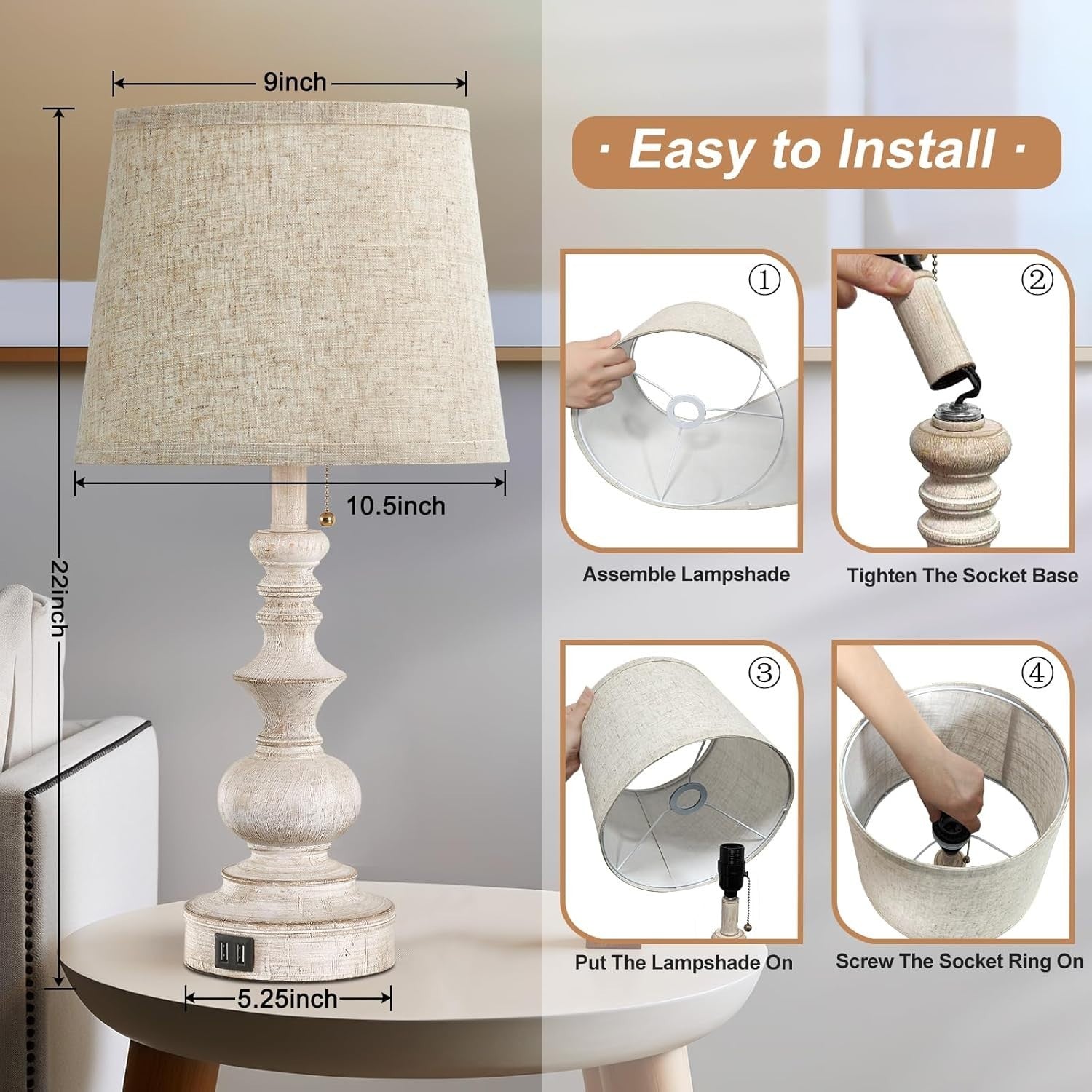 Rustic Farmhouse Table Lamps with USB Ports Set of 2 26cm Perfect Light0