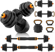 22LB Adjustable Dumbbell Set 4 in 1 Home Gym Barbell Kettlebell