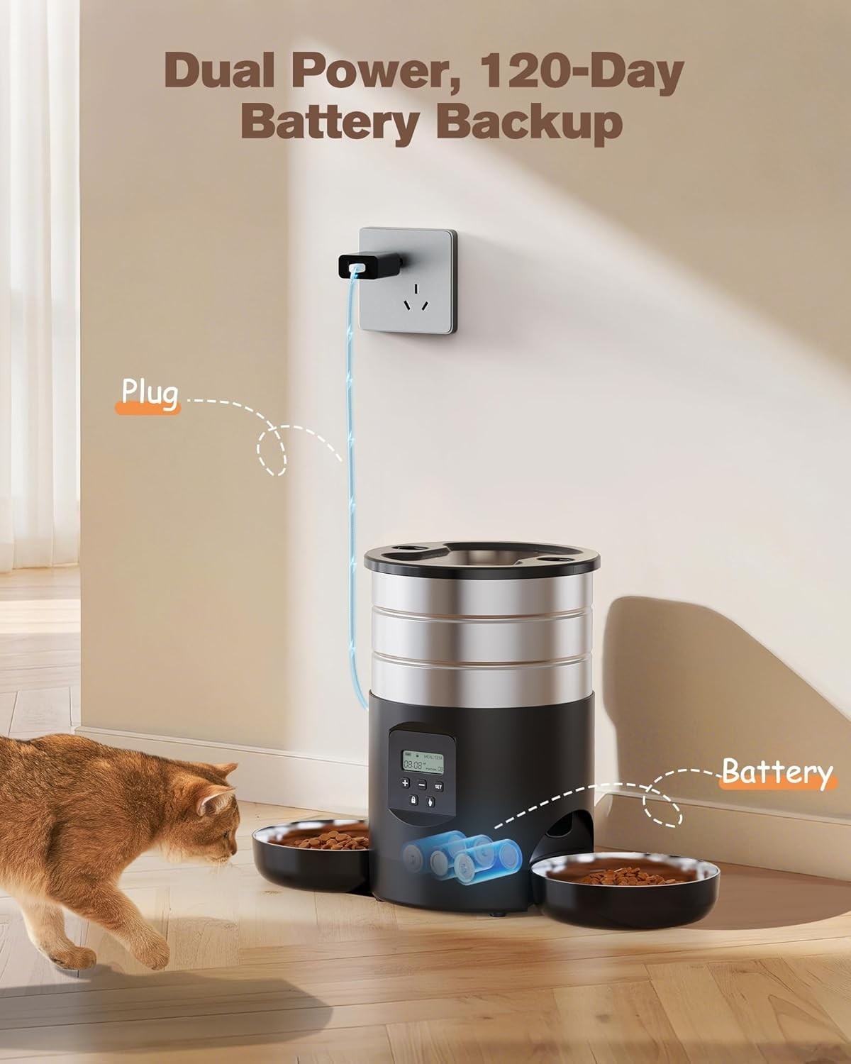 Automatic Cat Feeder for 2 Cats 5L Timed Food Dispenser Dual Bowls
