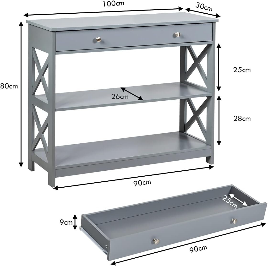 Modern Console Table with Drawer & Shelves, Narrow Hallway Desk