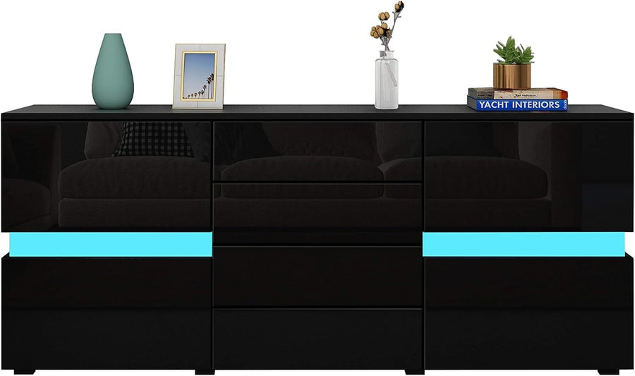 Black Gloss Sideboard LED 4 Drawers 2 Doors Cabinet 177cm TV Unit Modern