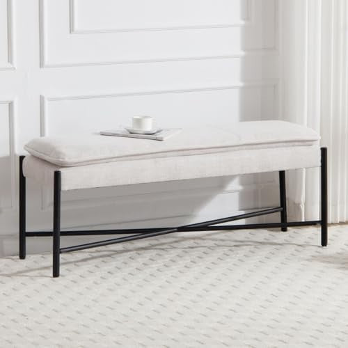 Upholstered Linen Ottoman Bench with Metal Legs Entryway Bedroom Window Seat