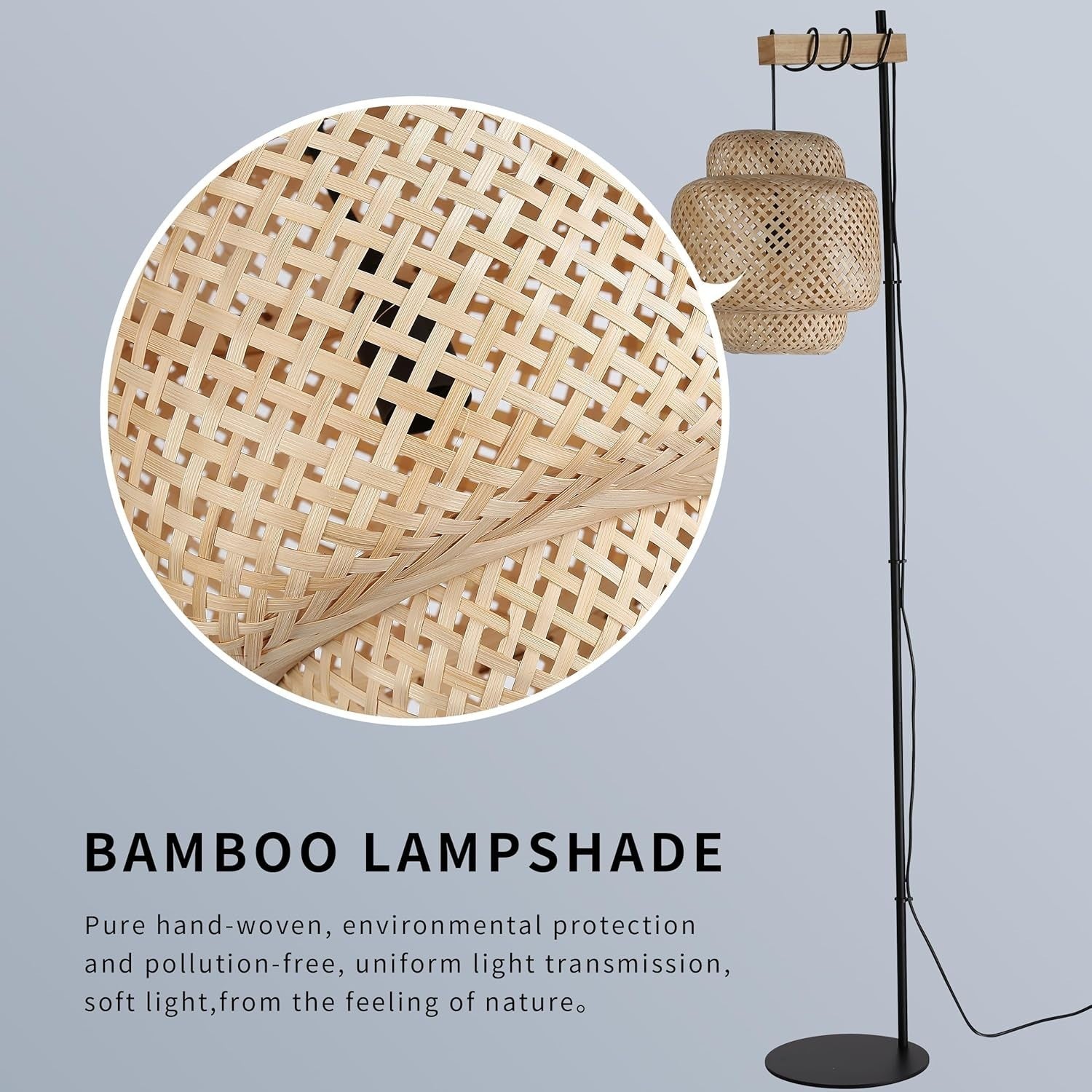Boho Bamboo Floor Lamp with Foot Switch & Industrial Cake Shade