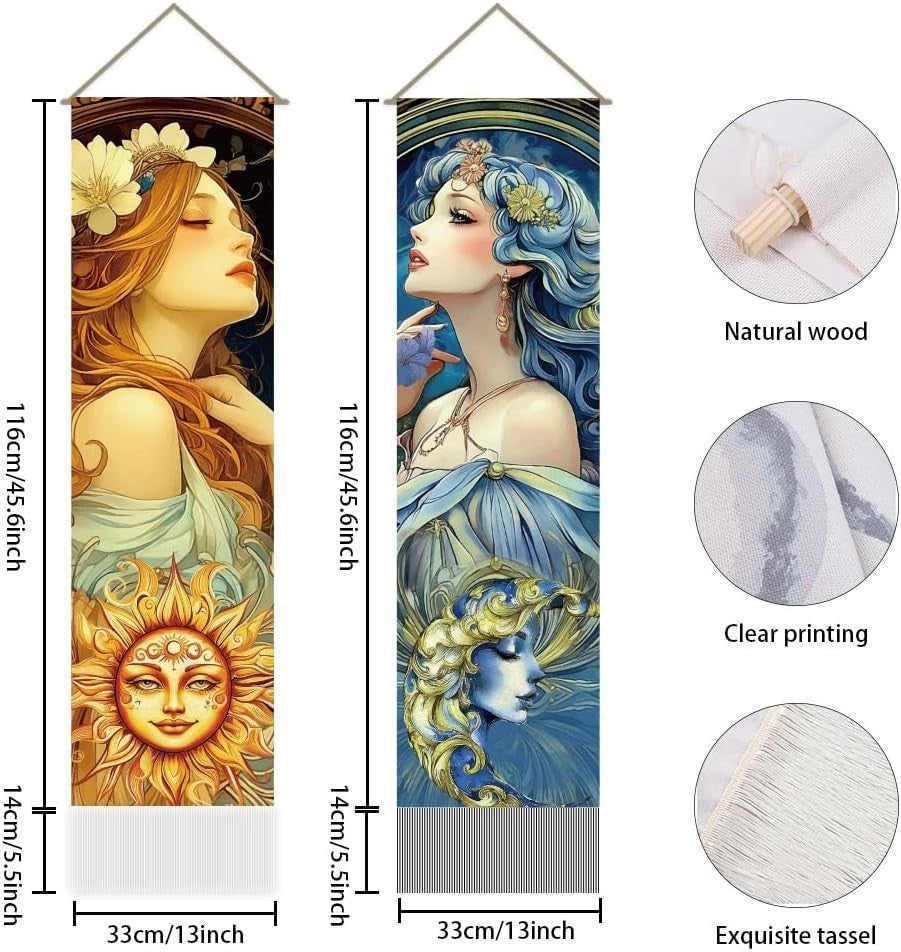 Boho Sun Moon Woman Tapestry 2pcs 45.7x13in Vertical Wall Decor