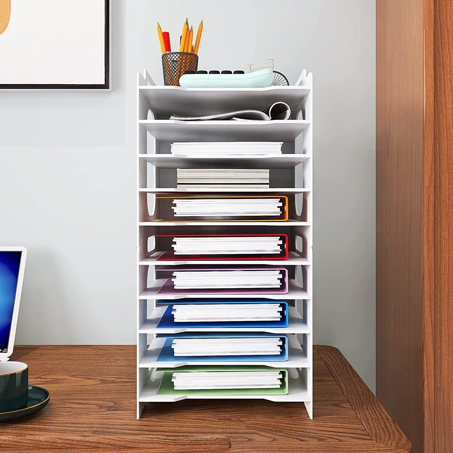 10-Tier White Desk Paper Tray Organizer for A4 Files & Documents