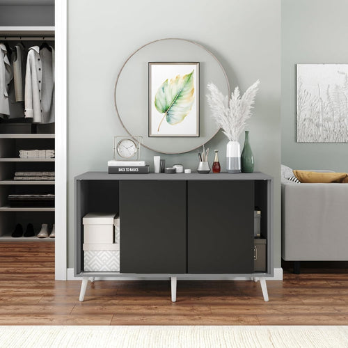 Modern 3-Door Sliding Sideboard Storage Cabinet Grey with White Wooden Legs