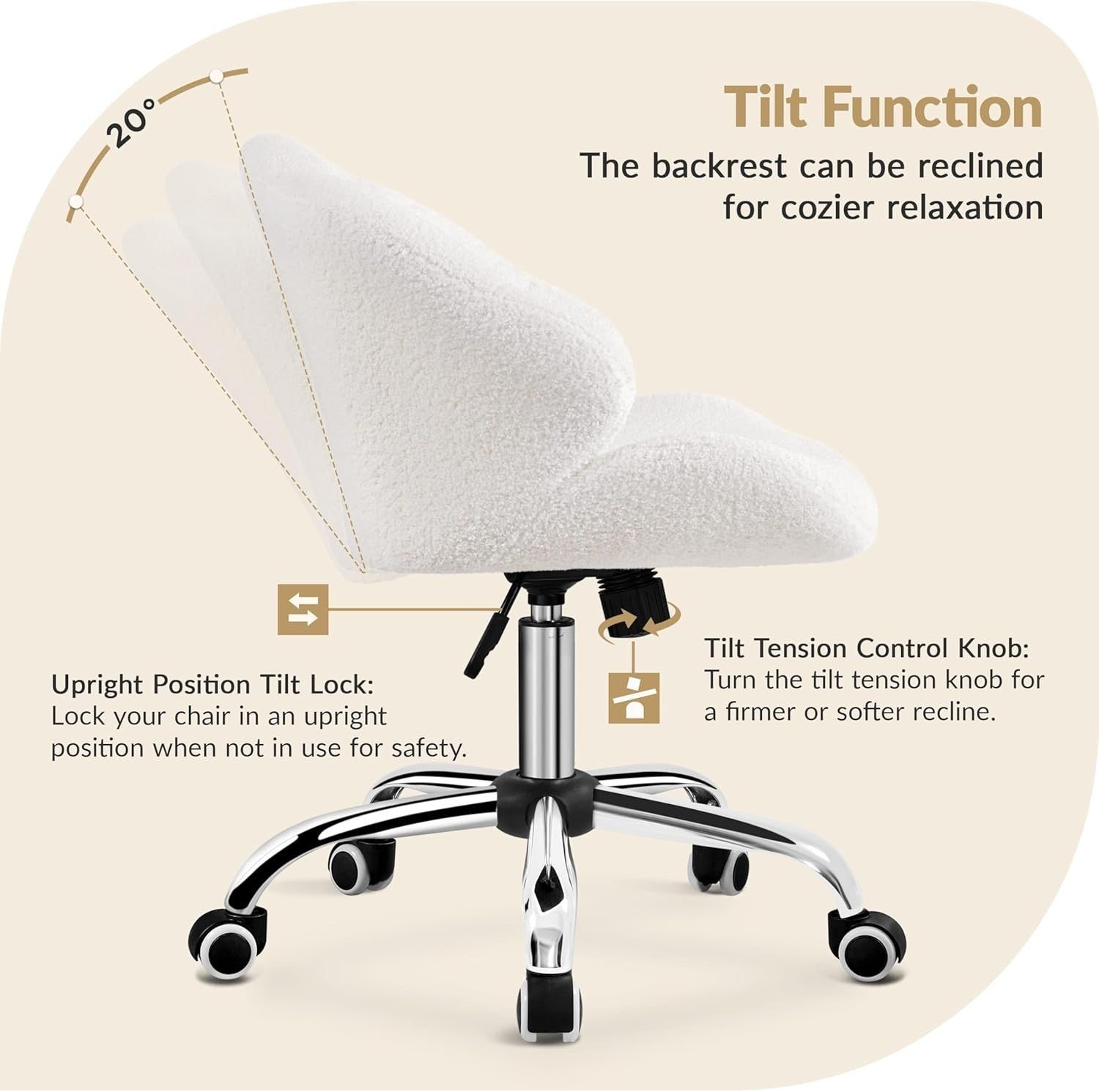 Snowy Boucle Shell Back Swivel Vanity Chair w/ Wheels Armless Adjustable Seat