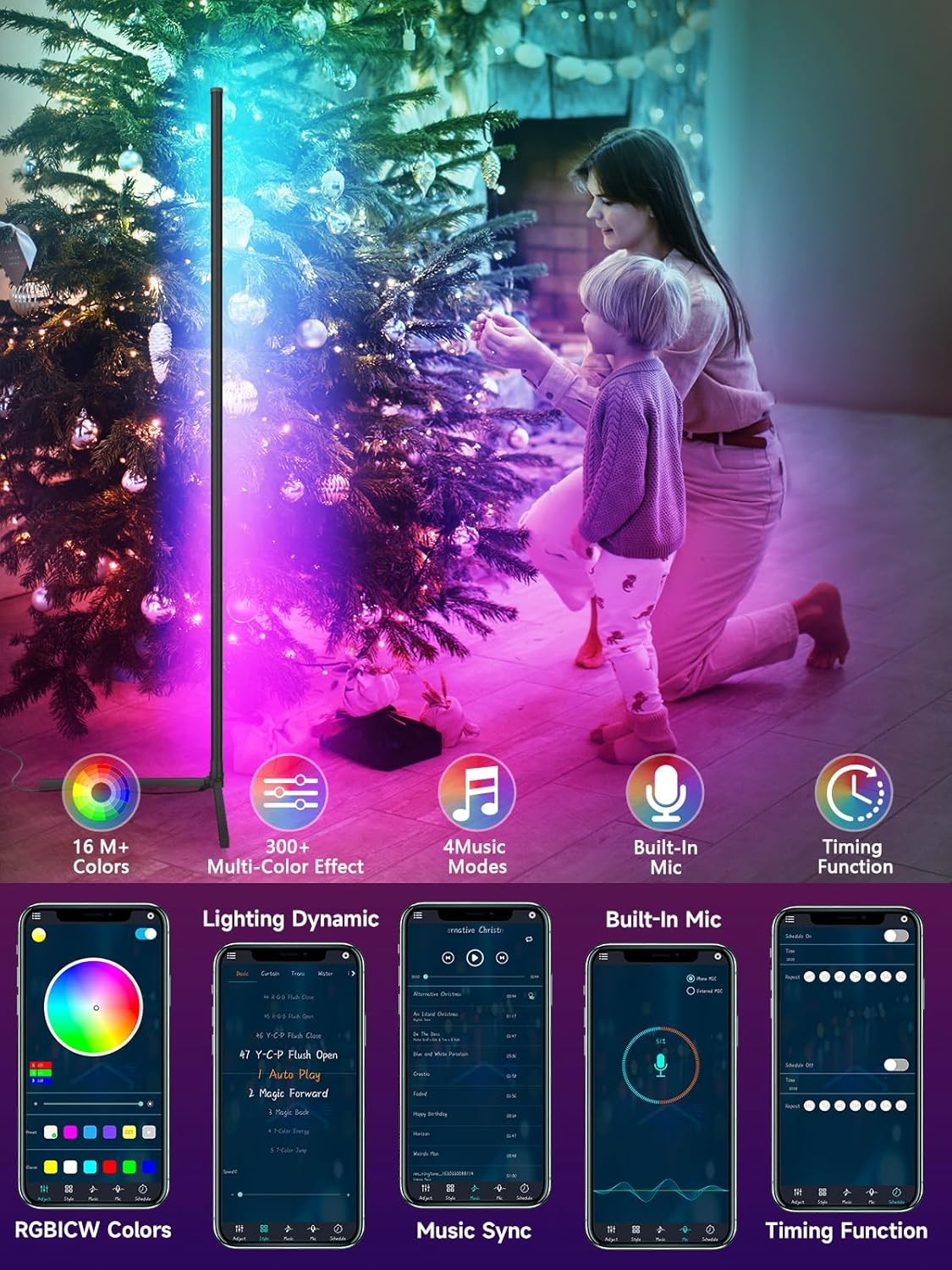 RGB LED Corner Floor Lamp Music Sync App Remote 16M Colours Mood Light