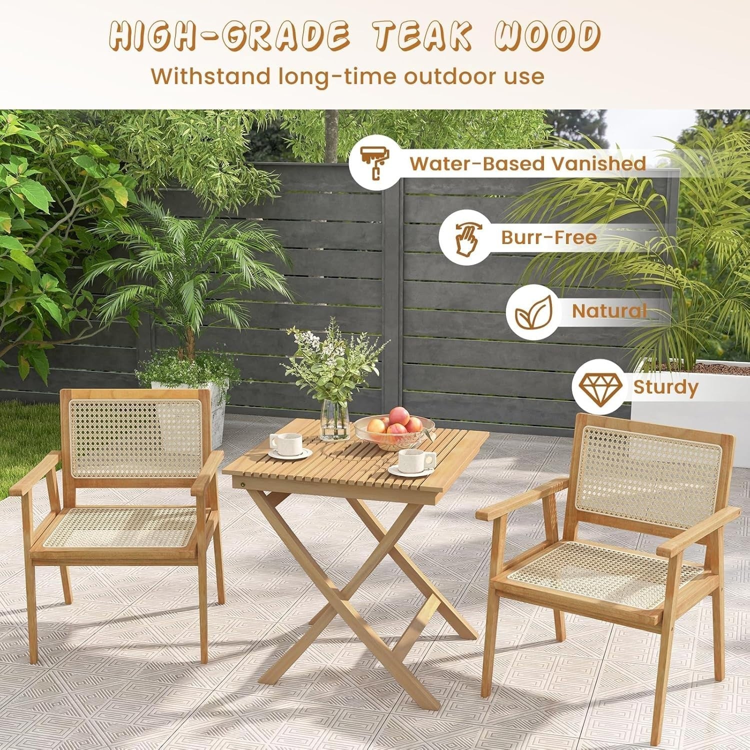 3 Piece Teak Wood Bistro Set Folding Table Rattan Chairs Patio Balcony
