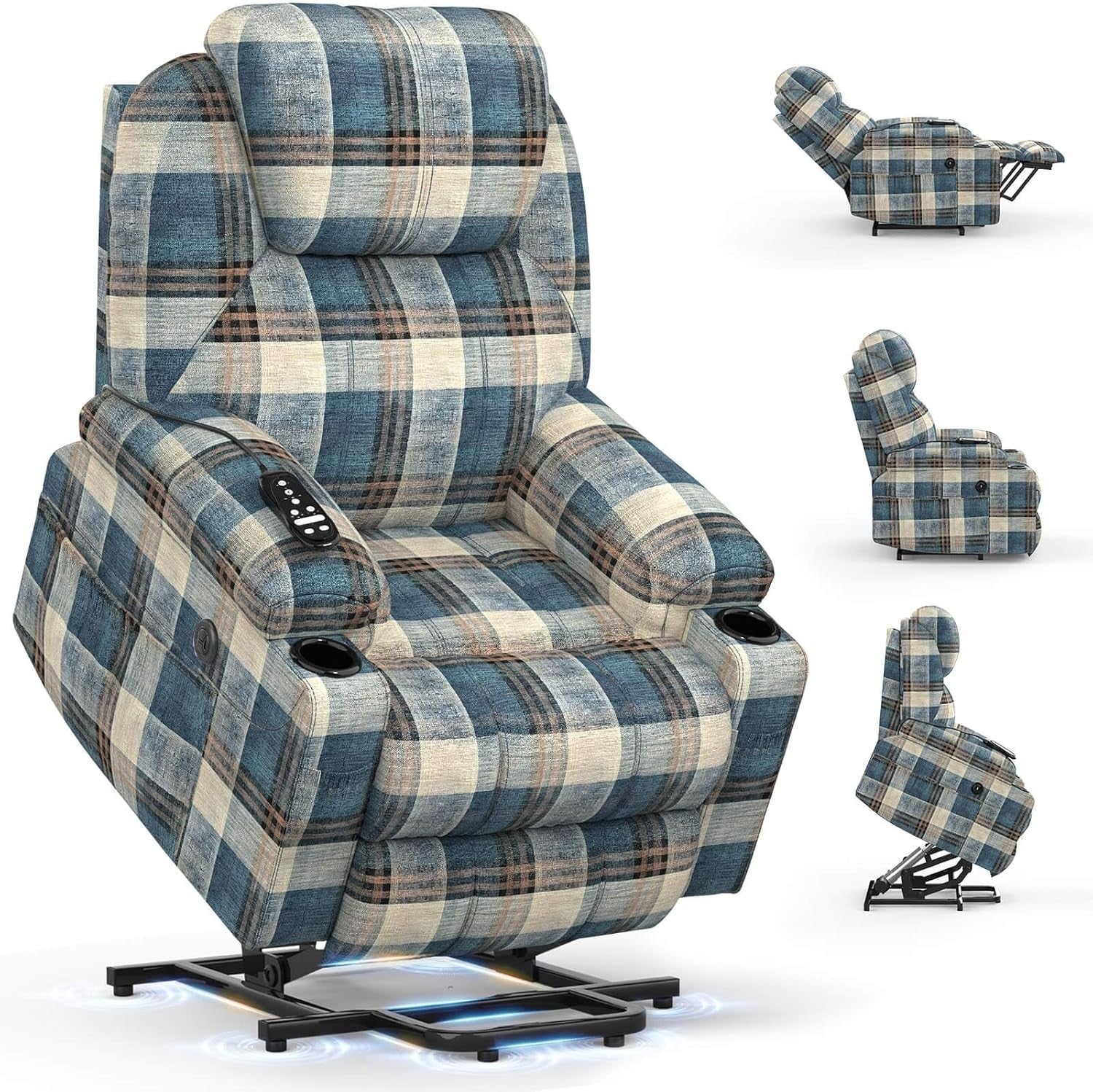 Power Lift Recliner Chair Massage Heat USB Type-C Cup Holders Fabric Blue Plaid