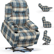 Power Lift Recliner Chair Massage Heat USB Type-C Cup Holders Fabric Blue Plaid