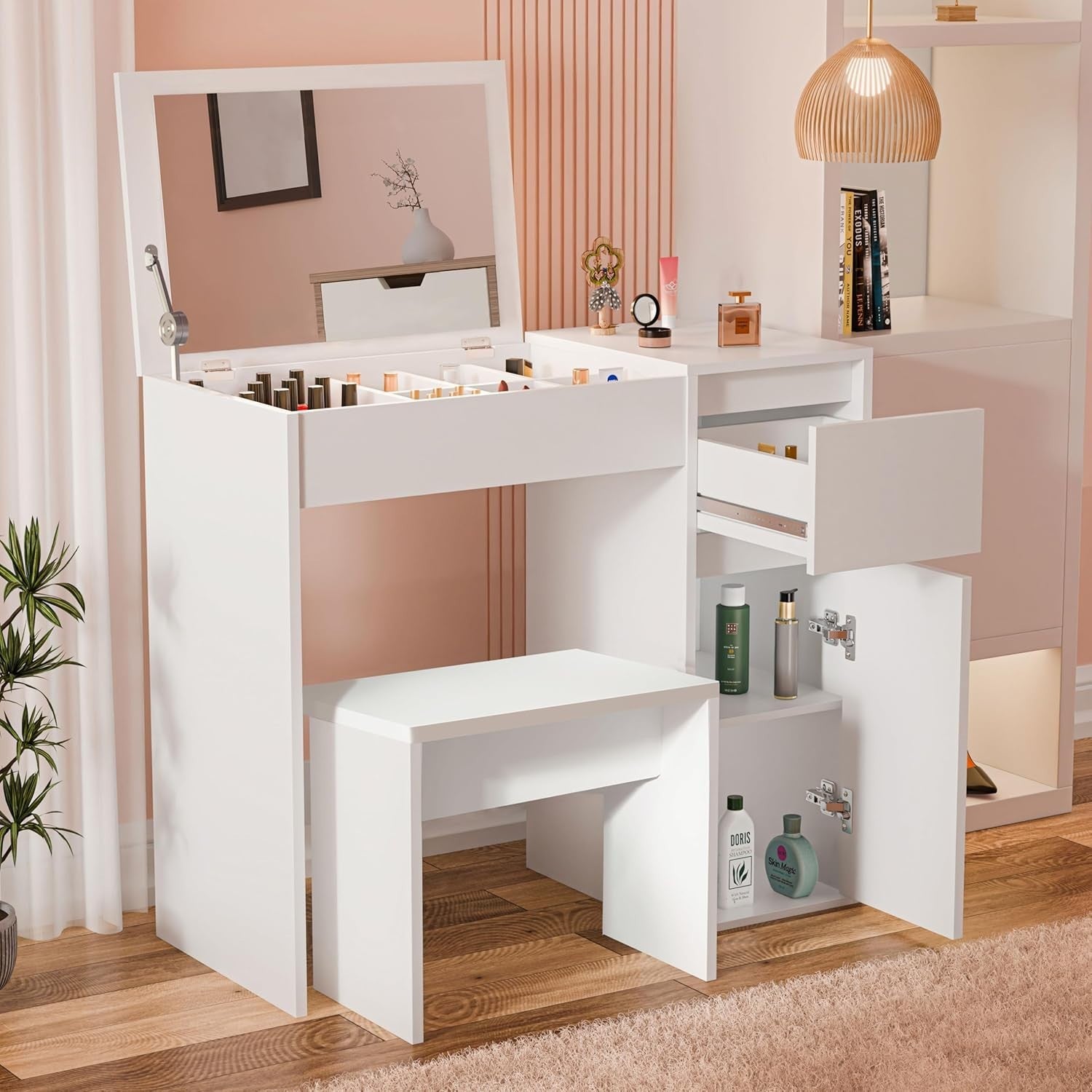 2-in-1 White Vanity Dressing Table Desk with Flip Mirror, Hidden Storage, Stool