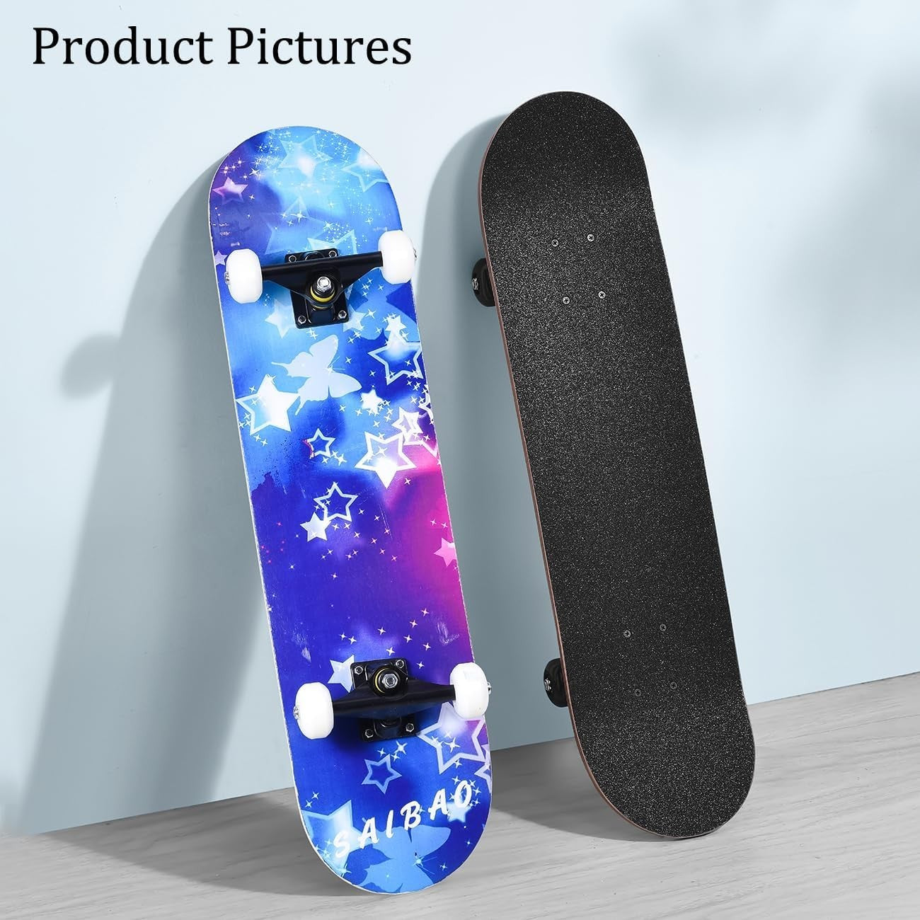 31in Beginner Skateboard Double Kick Maple Deck Blue Star Kids Adults + Tool