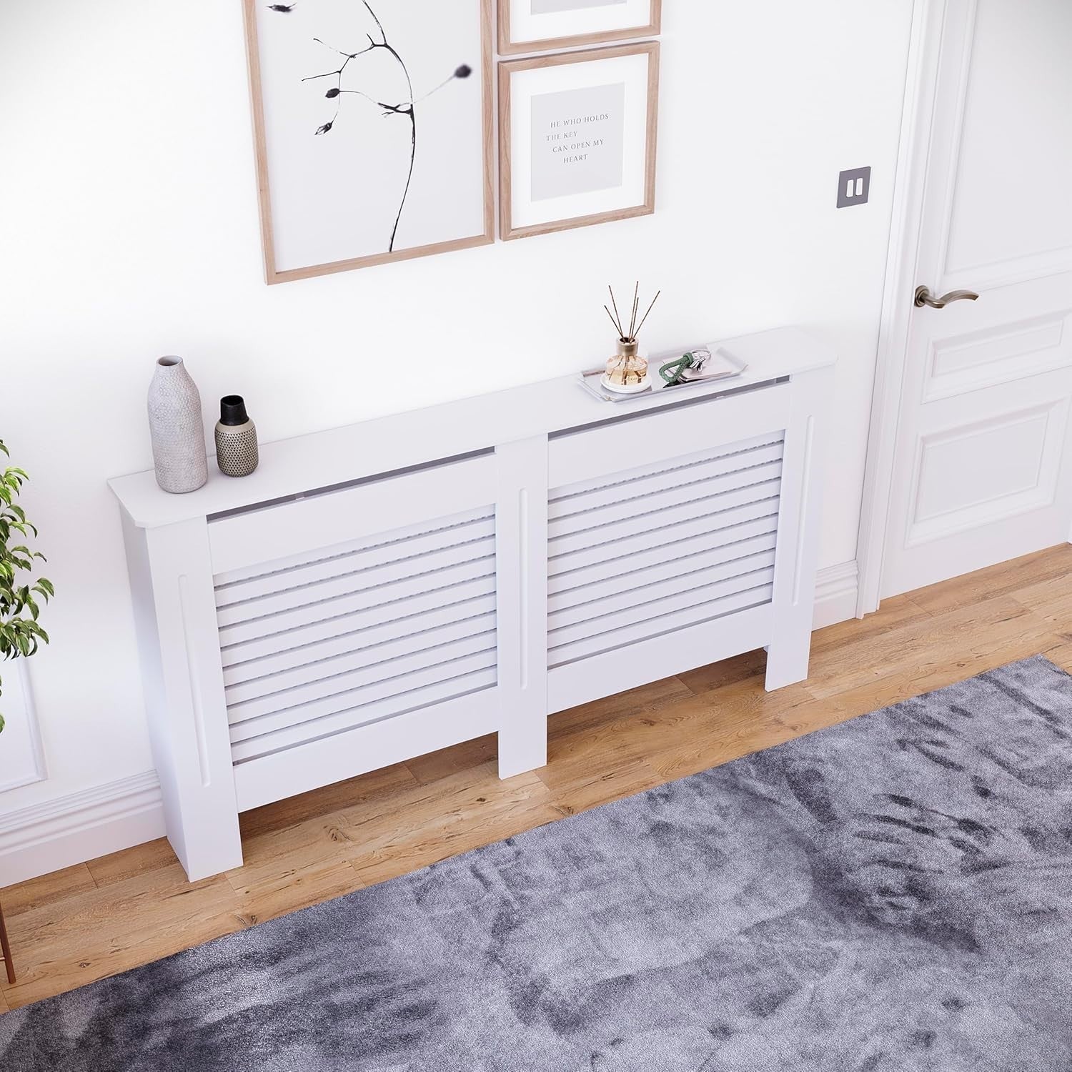 Large White Radiator Cover 152cm Modern MDF Heating Cabinet with Shelf