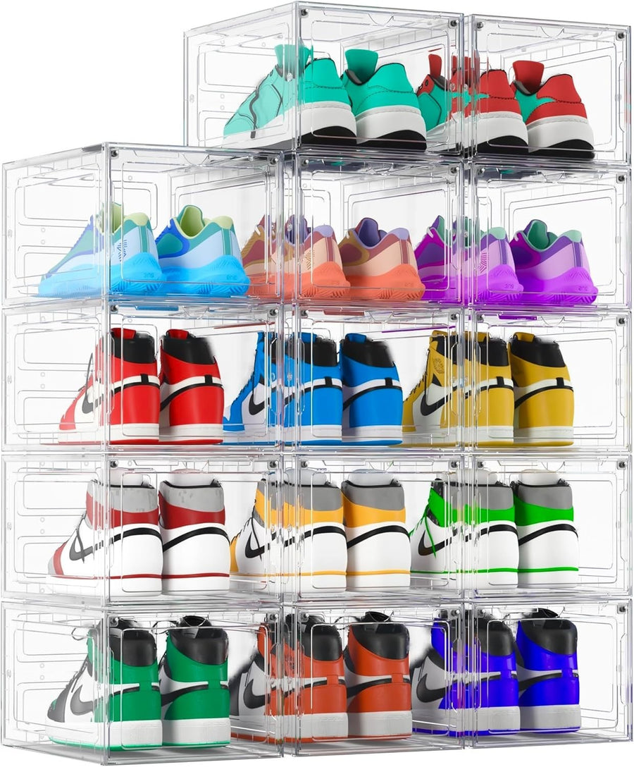 Clear Stackable Shoe Storage Boxes 14 Pack with Magnetic Doors, Fits UK 12.5