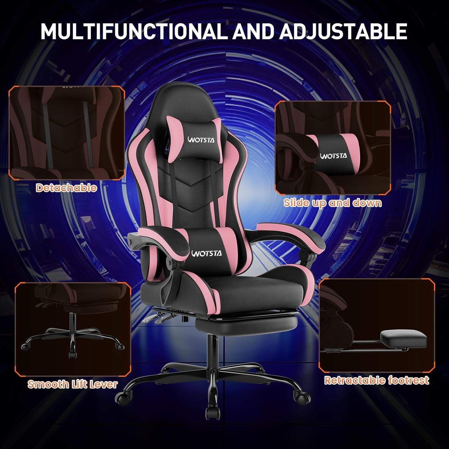 Ergonomic Gaming Chair with Footrest & Lumbar Support – Black Pink PC Seat