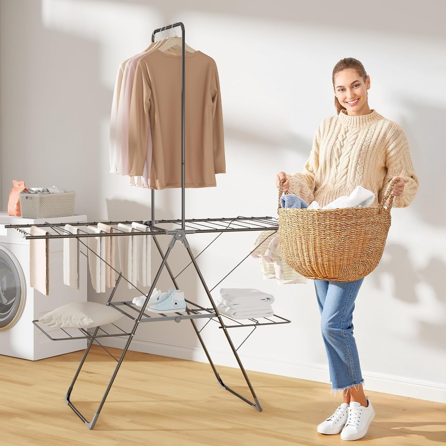 Large Winged Clothes Airer with High Hanger Folding Stainless Steel Drying Rack
