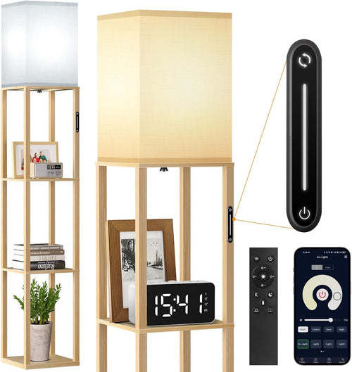 Floor Lamp with Shelves Dimmable Touch Remote LED Standing Light Wood