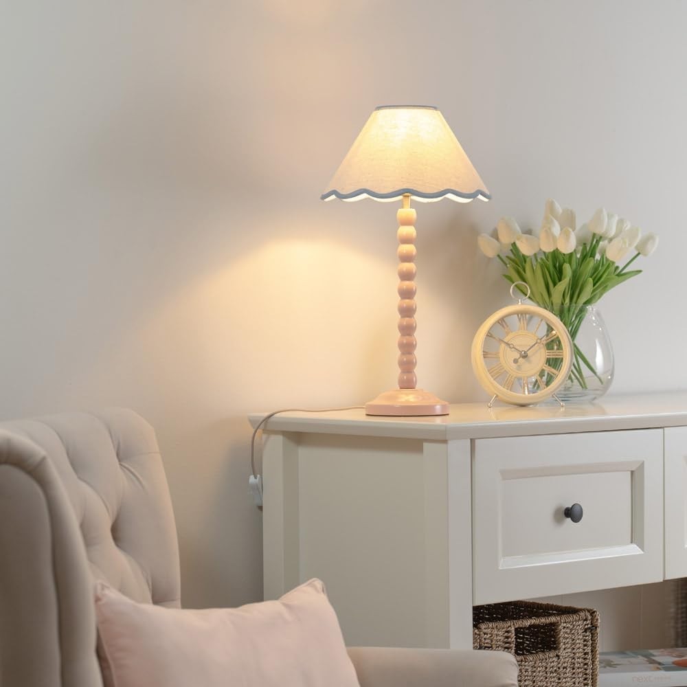 Rose Pink Bobbin Table Lamp Blue Trim Scallop Shade Pastel 45cm