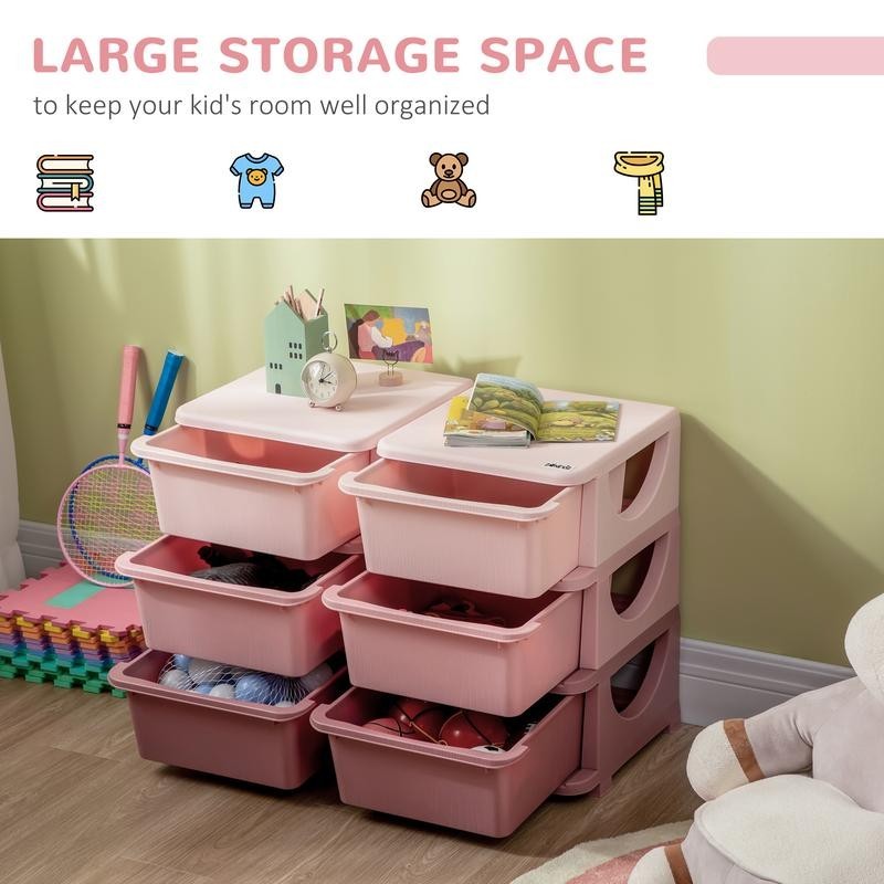 Kids Toy Storage Tower with 6 Drawers – Pink Plastic Chest Unit