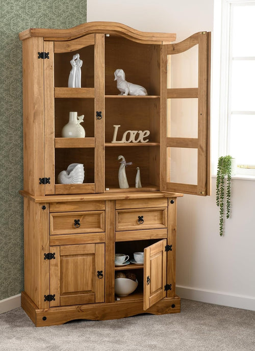 Rustic Pine Buffet Hutch 3 Ft 2 Doors 2 Drawers Glass 193H