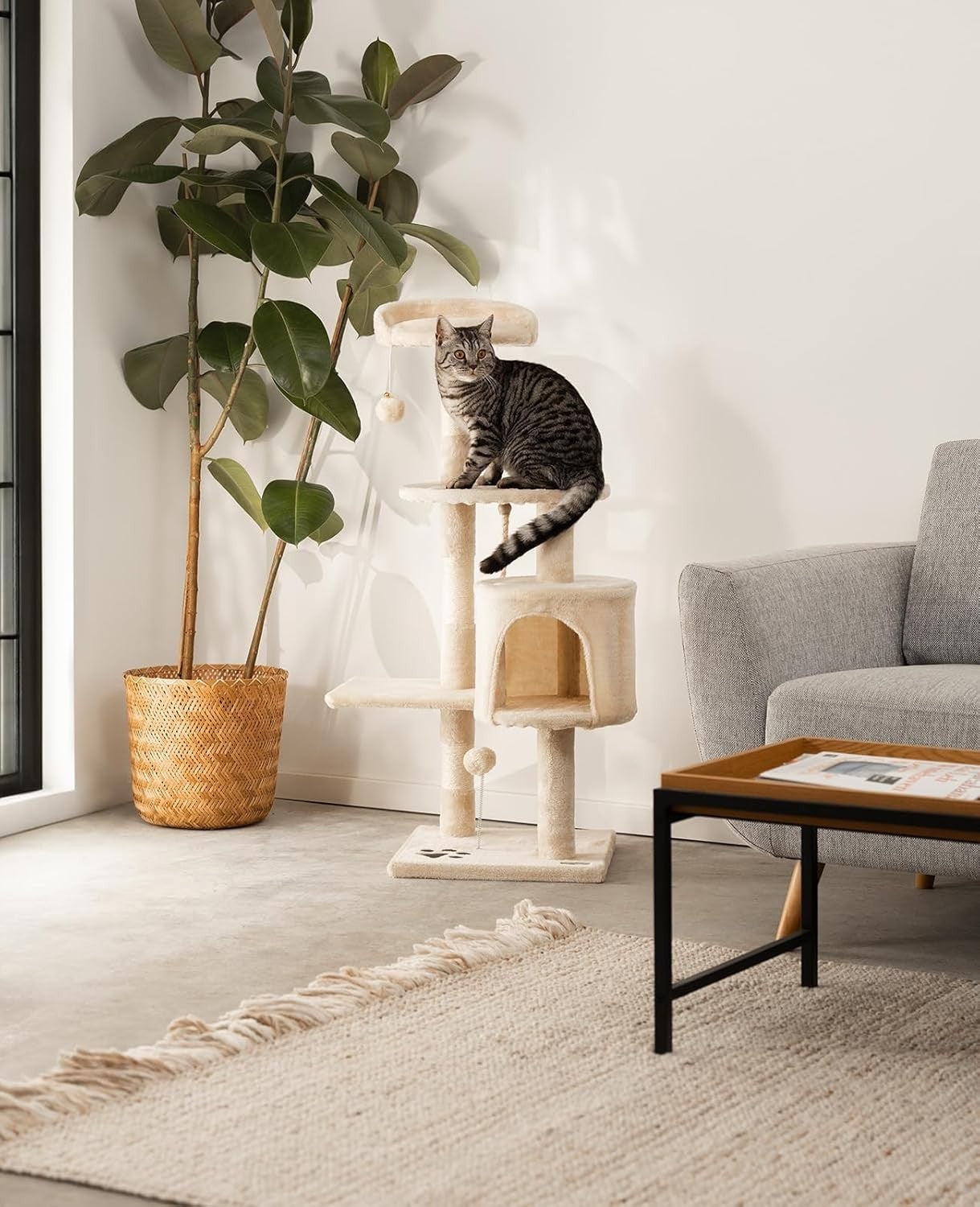 Cat Tree Scratching Post 112cm with Condo Sisal Rope Beige Tower