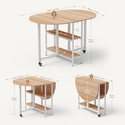 Oak & White Folding Dining Table Drop Leaf Mobile 4-6 Seat Small Space