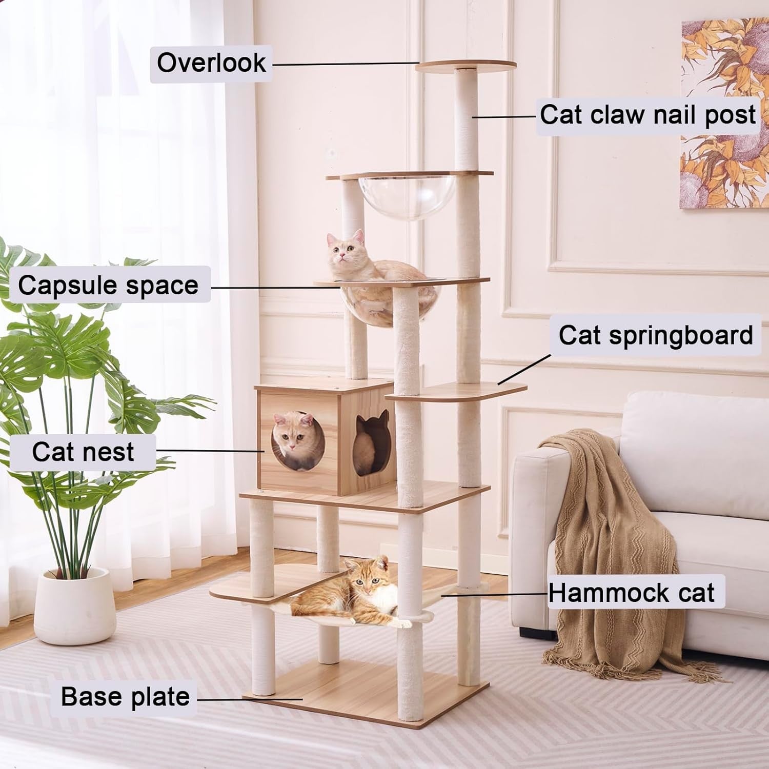 193cm Large Cat Tree Tower Condo Hammock Capsule Bowls Plush Scratching
