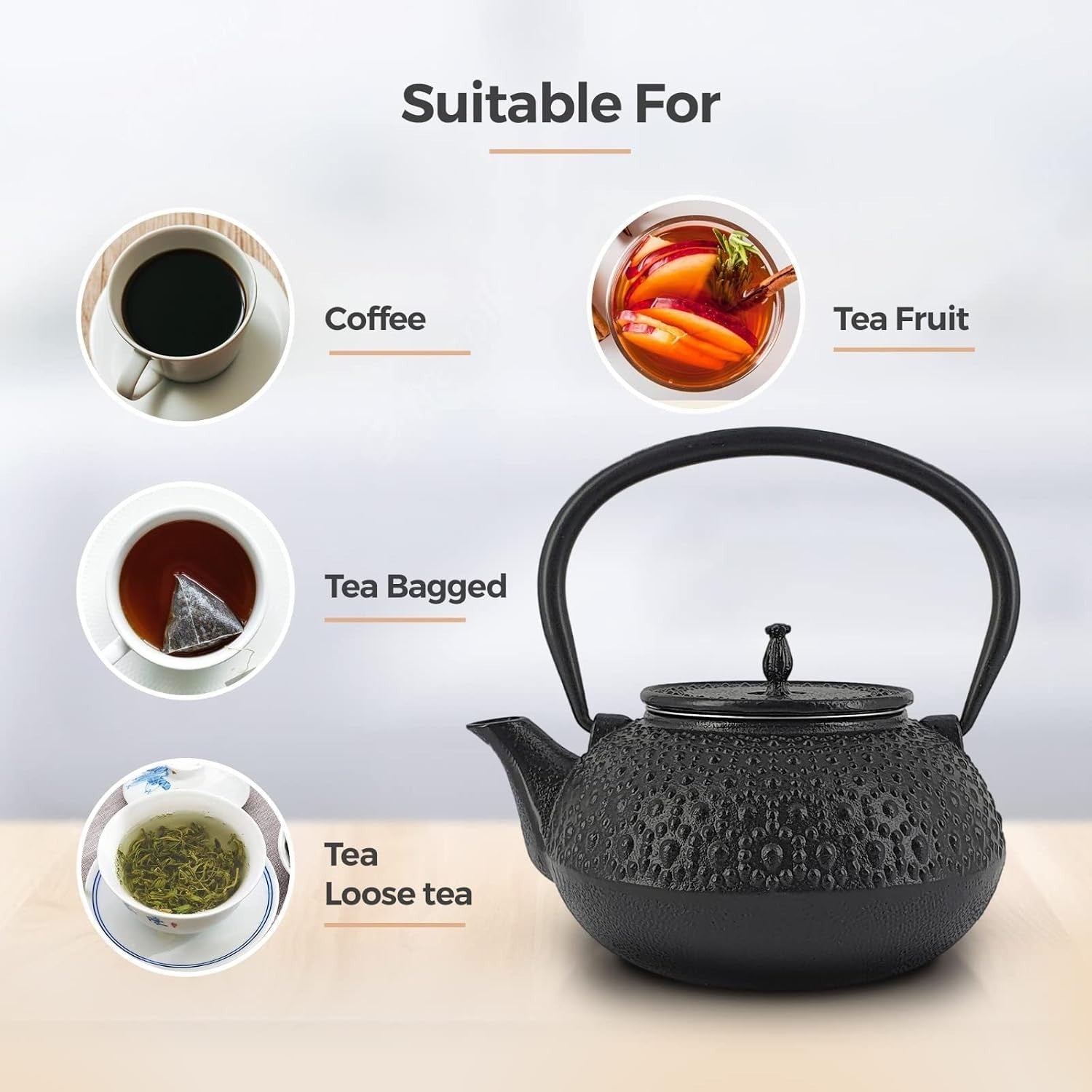 Cast Iron Teapot 650ml Tea Pot w/ Infuser Black Dotty Tetsubin Style