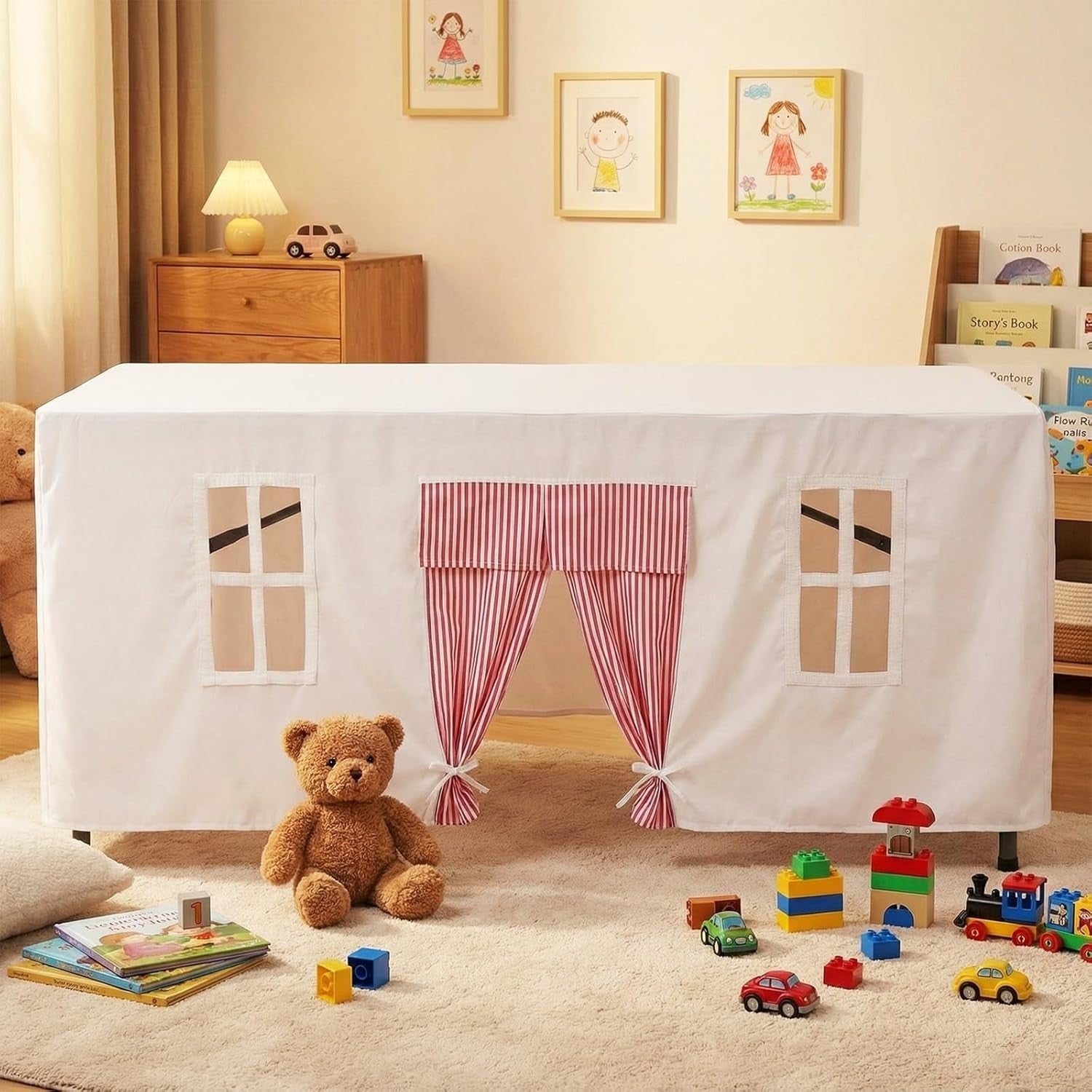 Kids Table Fort Tent Cover Indoor Outdoor Playhouse Tablecloth Pink
