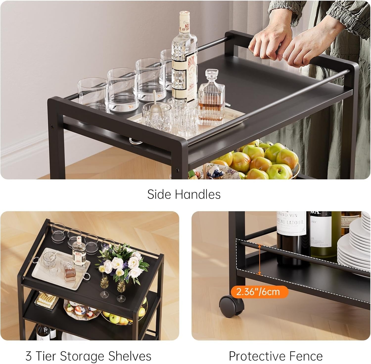 3 Tier Bar Cart Black Rolling Drinks Trolley with Storage Shelves Wheels