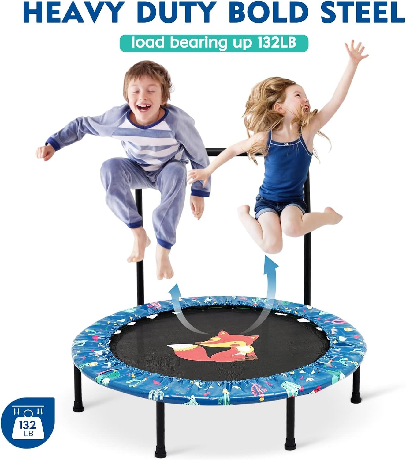 38'' Kids Mini Trampoline Foldable Quiet Rebounder Adjustable Handle Green